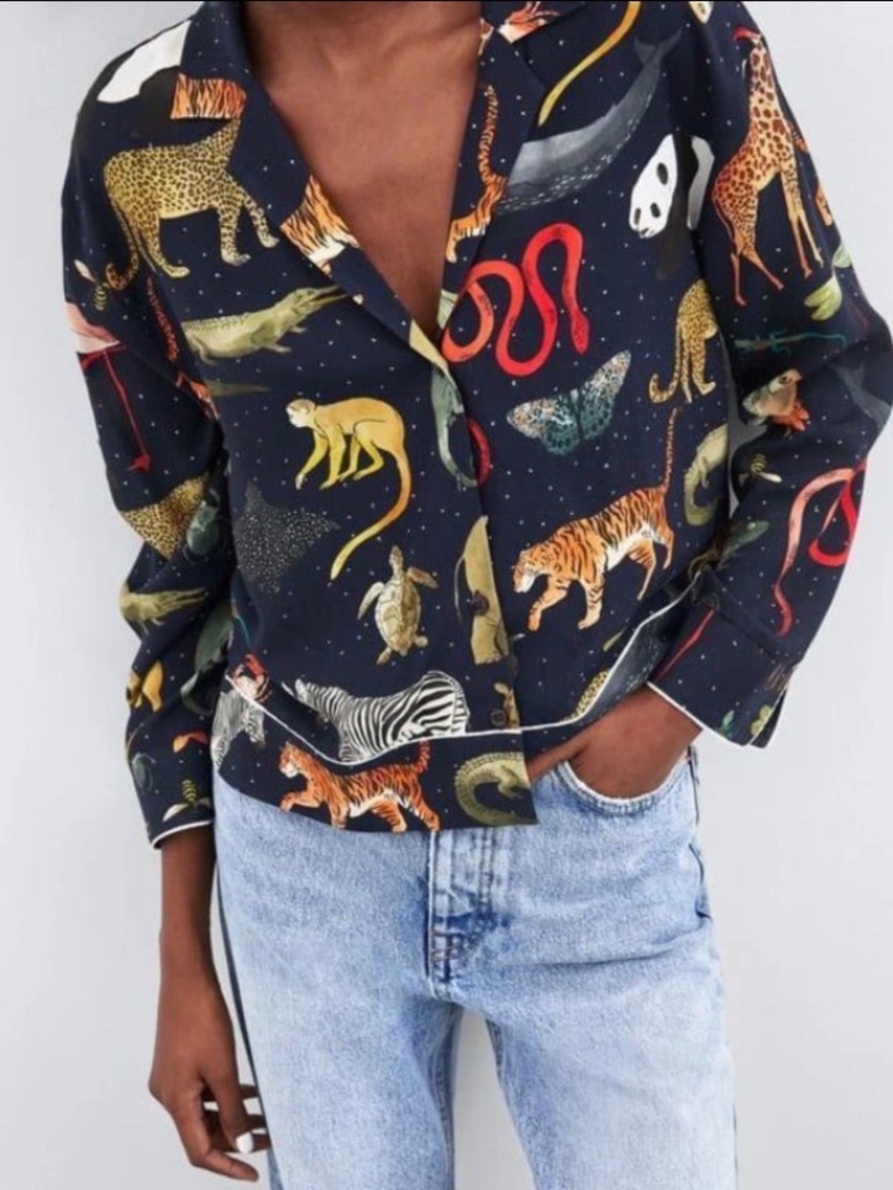 Zara Navy Animal Print Button-Down Shirt